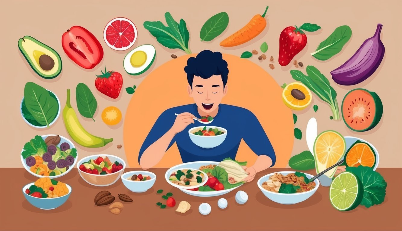 A person eating smaller, balanced meals surrounded by various healthy food options