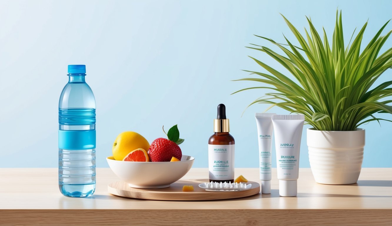 A table with a water bottle, fruits, and a skincare routine set against a bright, clean background