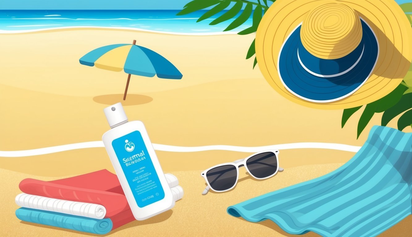 A sunny beach scene with a bottle of sunscreen, a towel, and a hat to illustrate the importance of protecting skin from sun exposure