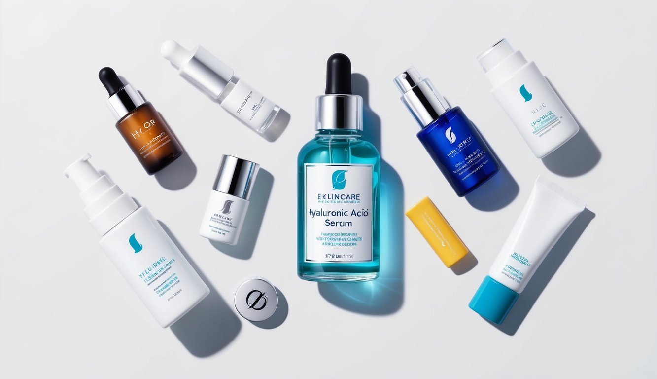 A clear bottle of hyaluronic acid serum surrounded by seven different skincare products and tools, arranged in a step-by-step sequence on a clean, white surface