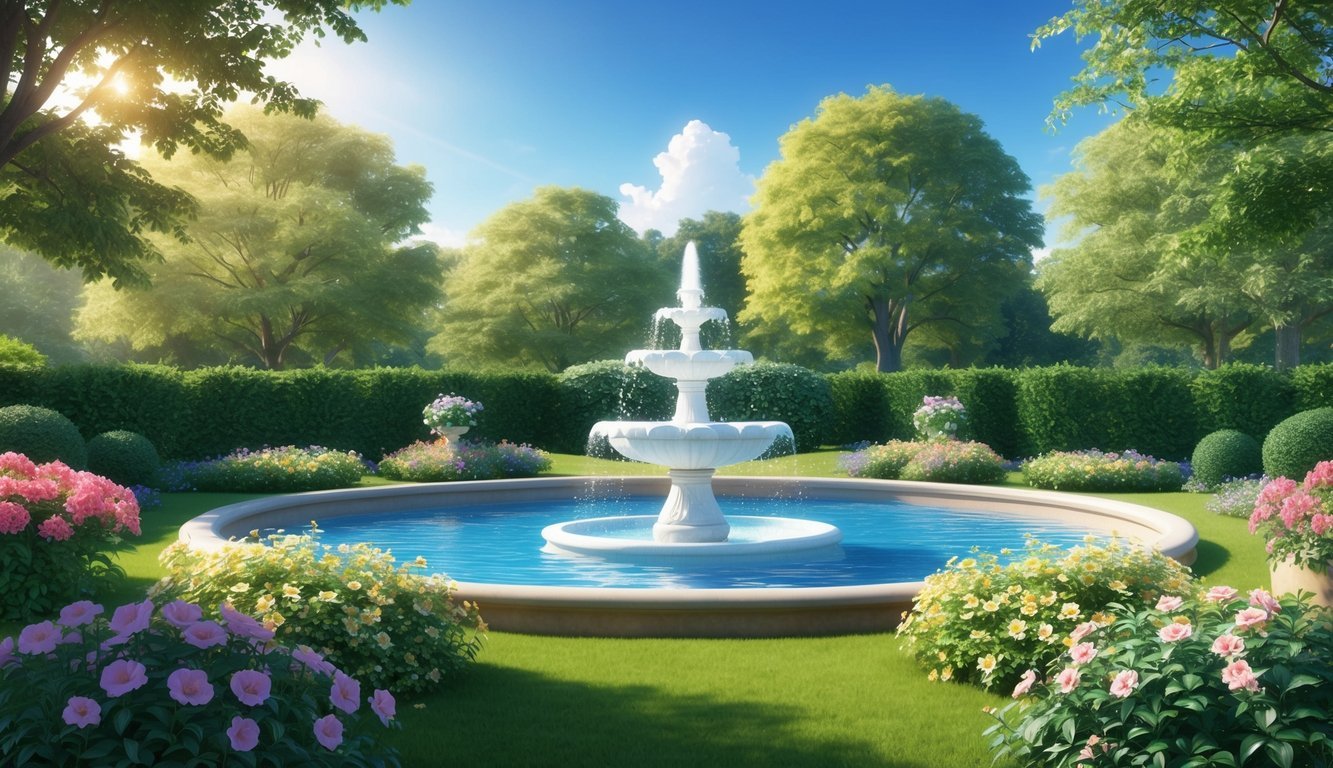 A serene, sunlit garden with blooming flowers and a fountain, surrounded by lush greenery and a clear blue sky