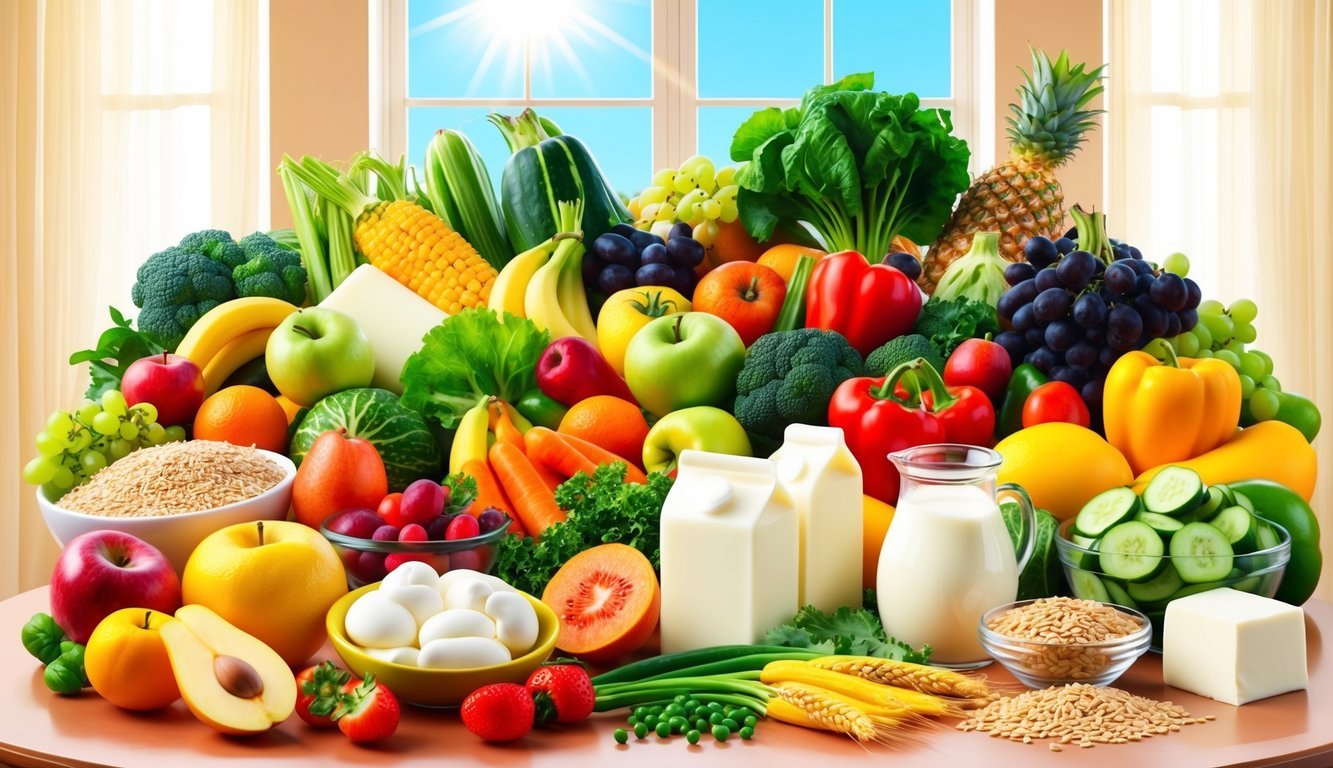 A colorful array of fruits, vegetables, dairy products, and whole grains arranged on a table, surrounded by sunlight streaming through a window