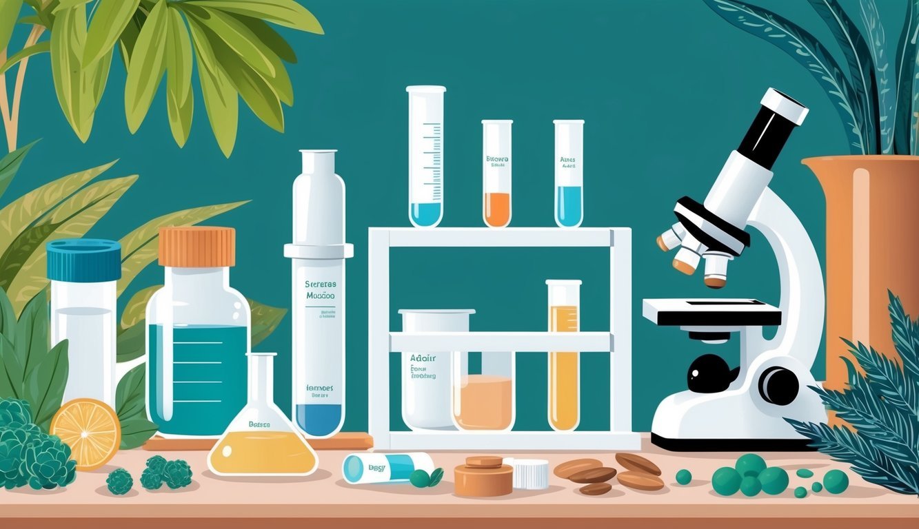 A laboratory setting with various skincare ingredients and equipment, including beakers, test tubes, and a microscope, surrounded by plants and natural elements