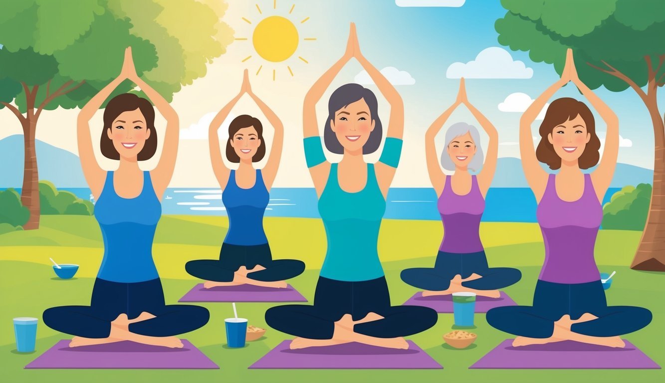 A group of postmenopausal women engaging in weight-bearing exercises, yoga, and consuming calcium-rich foods in a sunny, outdoor setting