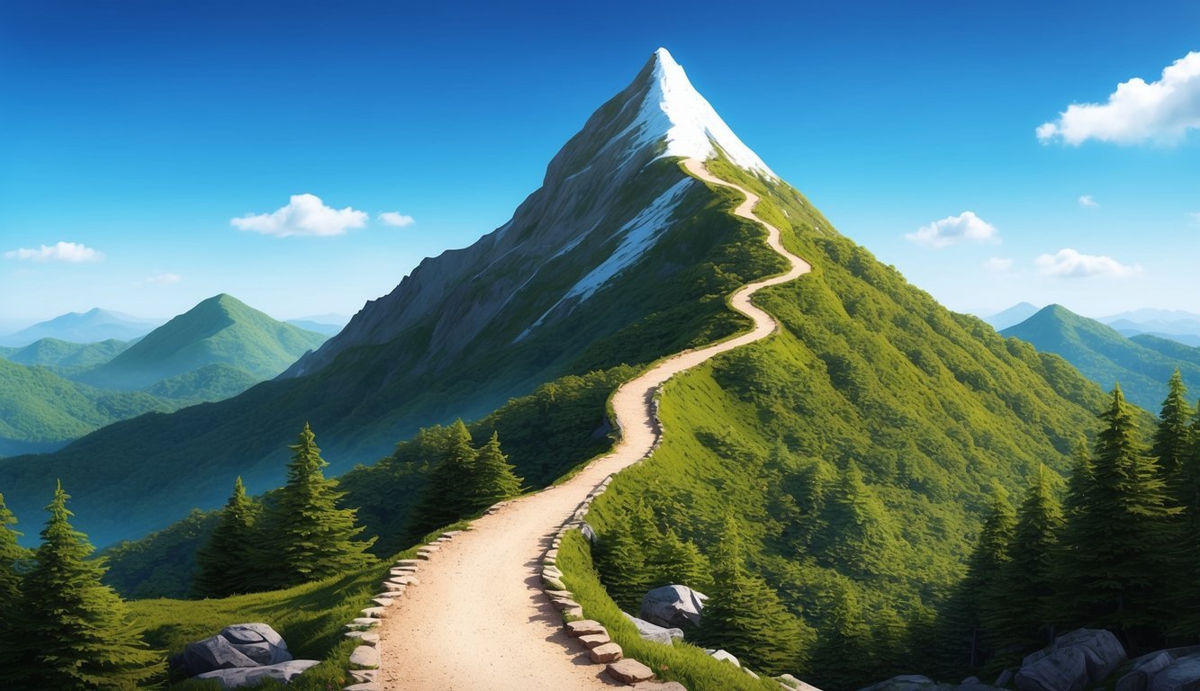 A mountain peak with a winding trail leading to the top, surrounded by lush greenery and clear blue skies