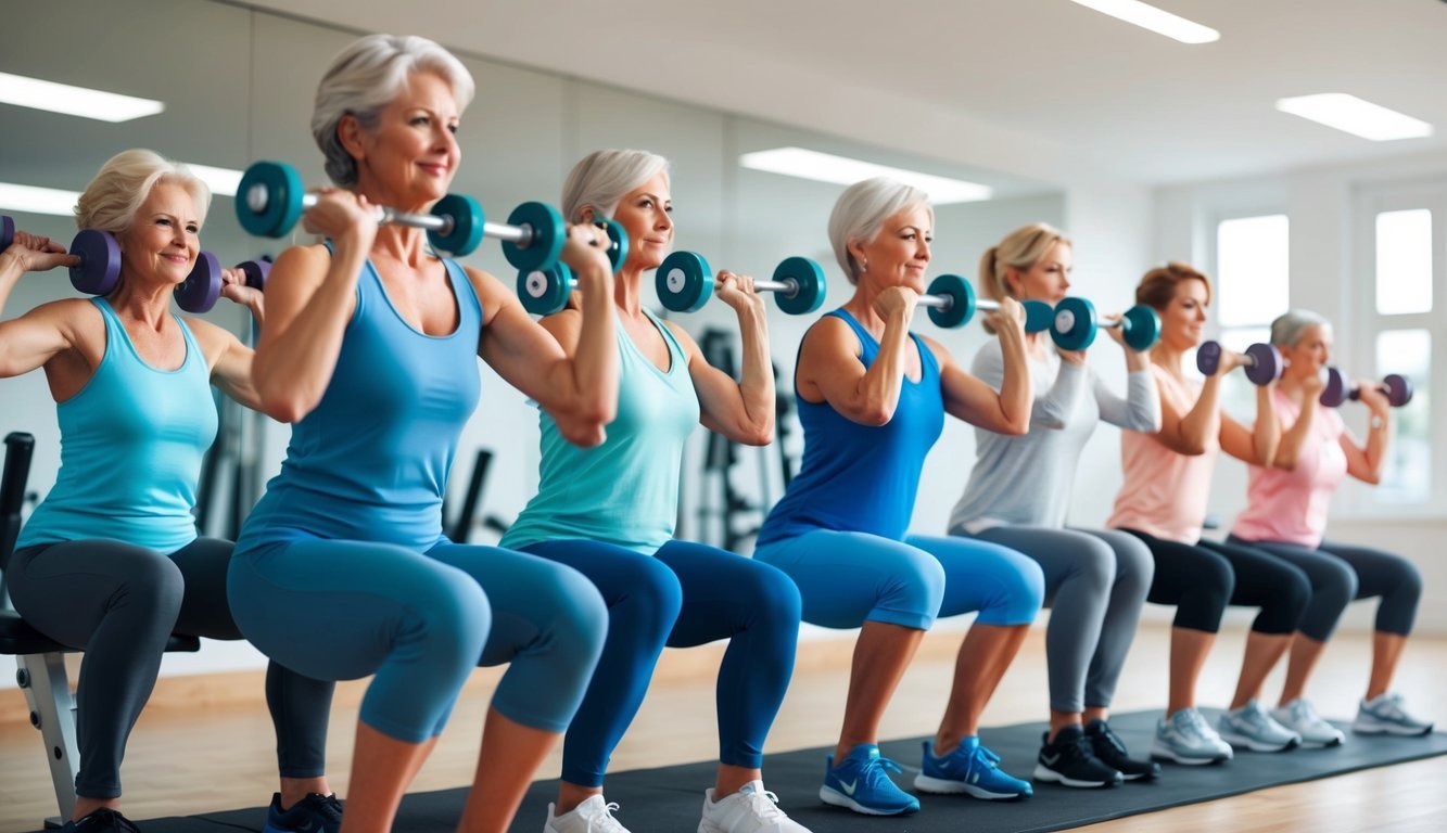 A group of postmenopausal women lifting weights and performing resistance exercises in a well-lit gym with a focus on bone health