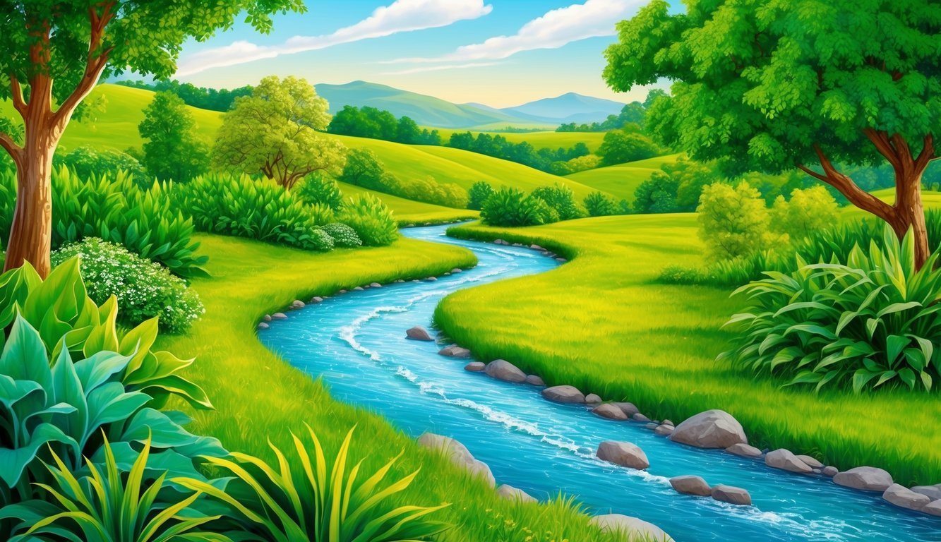 A vibrant, green landscape with a flowing river winding through the scene, surrounded by lush, healthy plants and trees