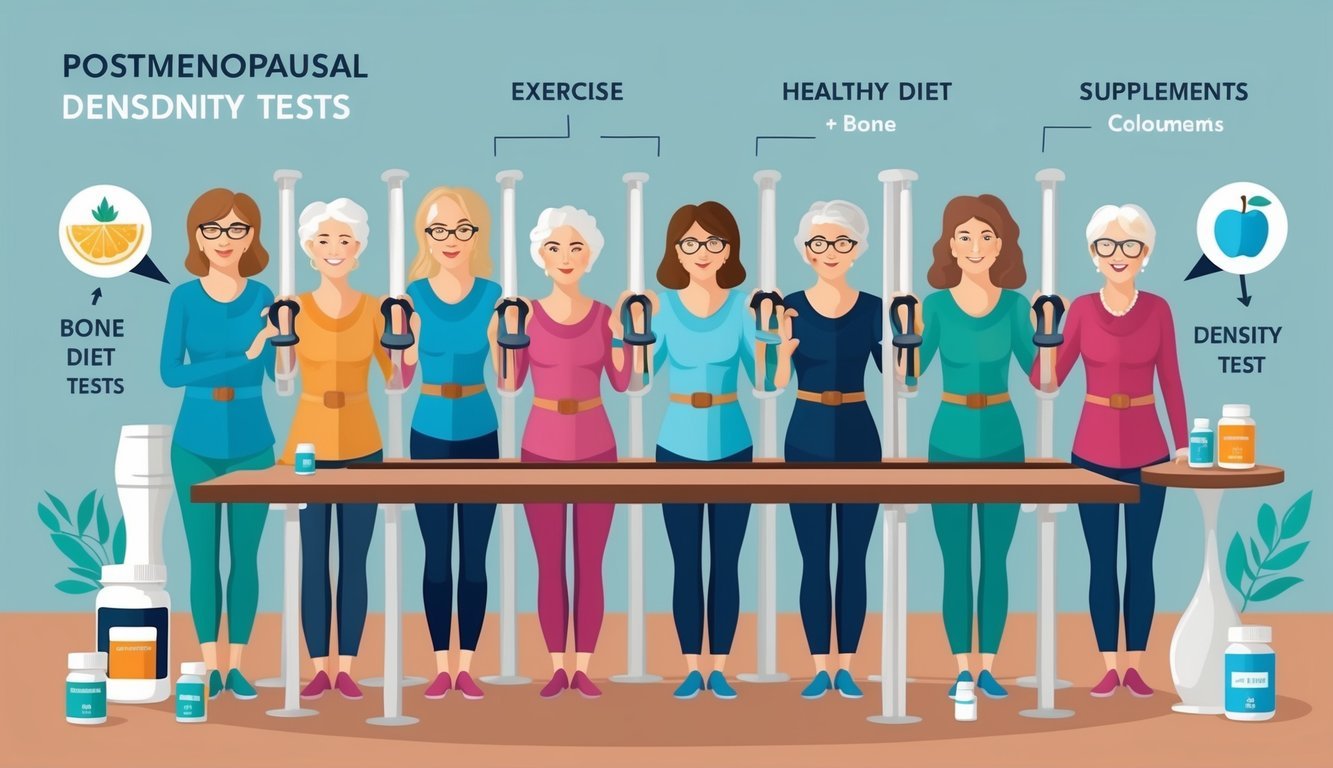 A group of postmenopausal women participating in bone density tests, surrounded by supportive solutions like exercise, healthy diet, and supplements