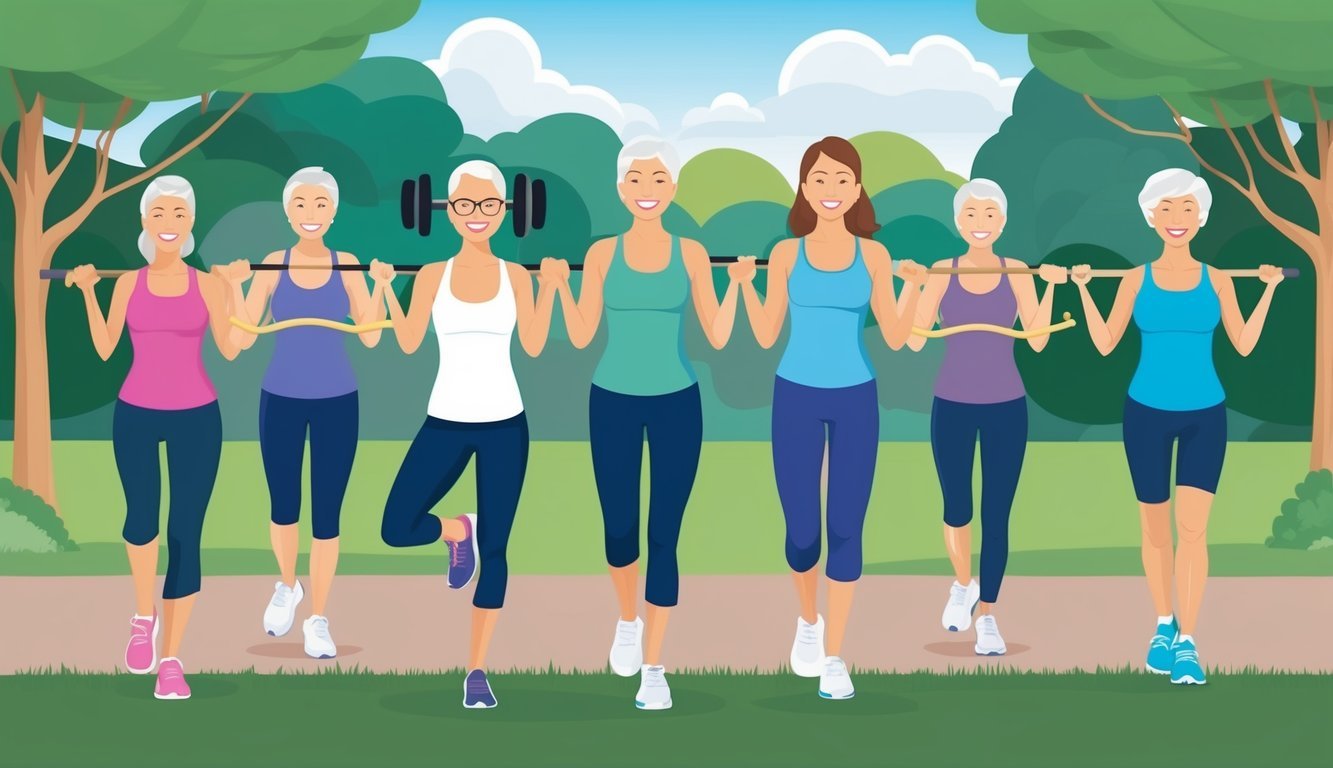 A group of postmenopausal women engaging in various bone-strengthening activities such as yoga, weightlifting, and walking outdoors in a park setting