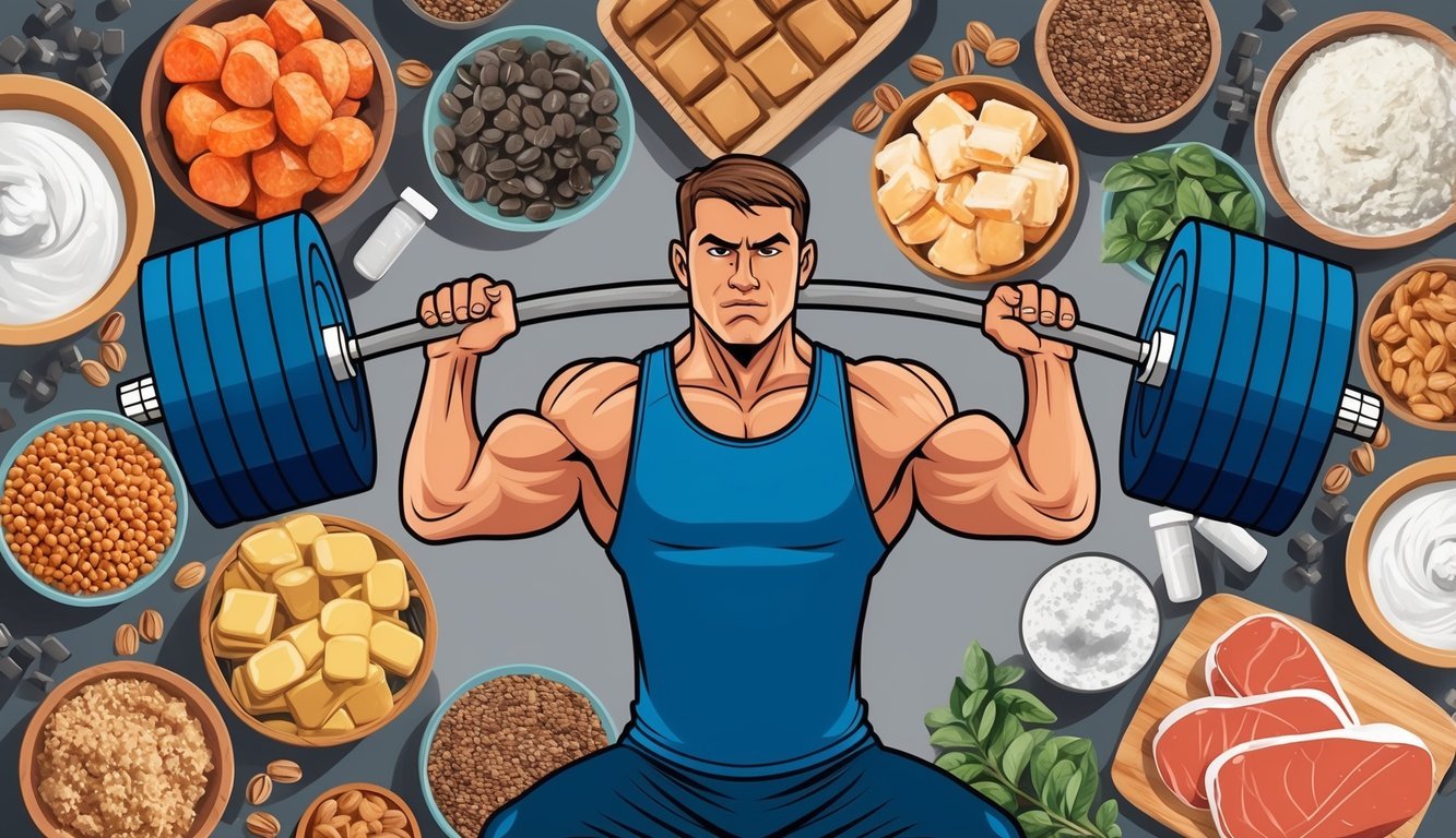 A weightlifter lifting heavy dumbbells with determination, surrounded by various protein-rich foods and supplements