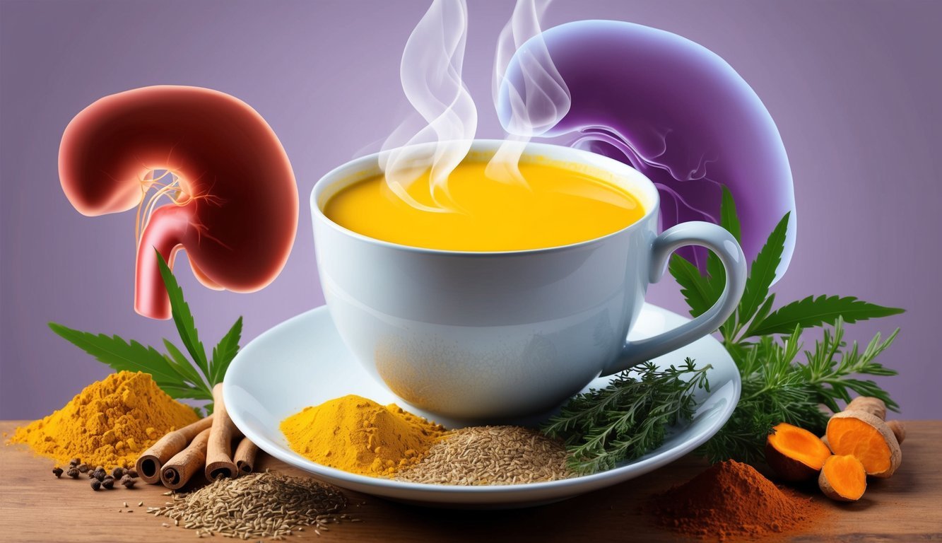 A steaming cup of turmeric golden milk surrounded by herbs and spices, with a backdrop of a healthy liver and kidney