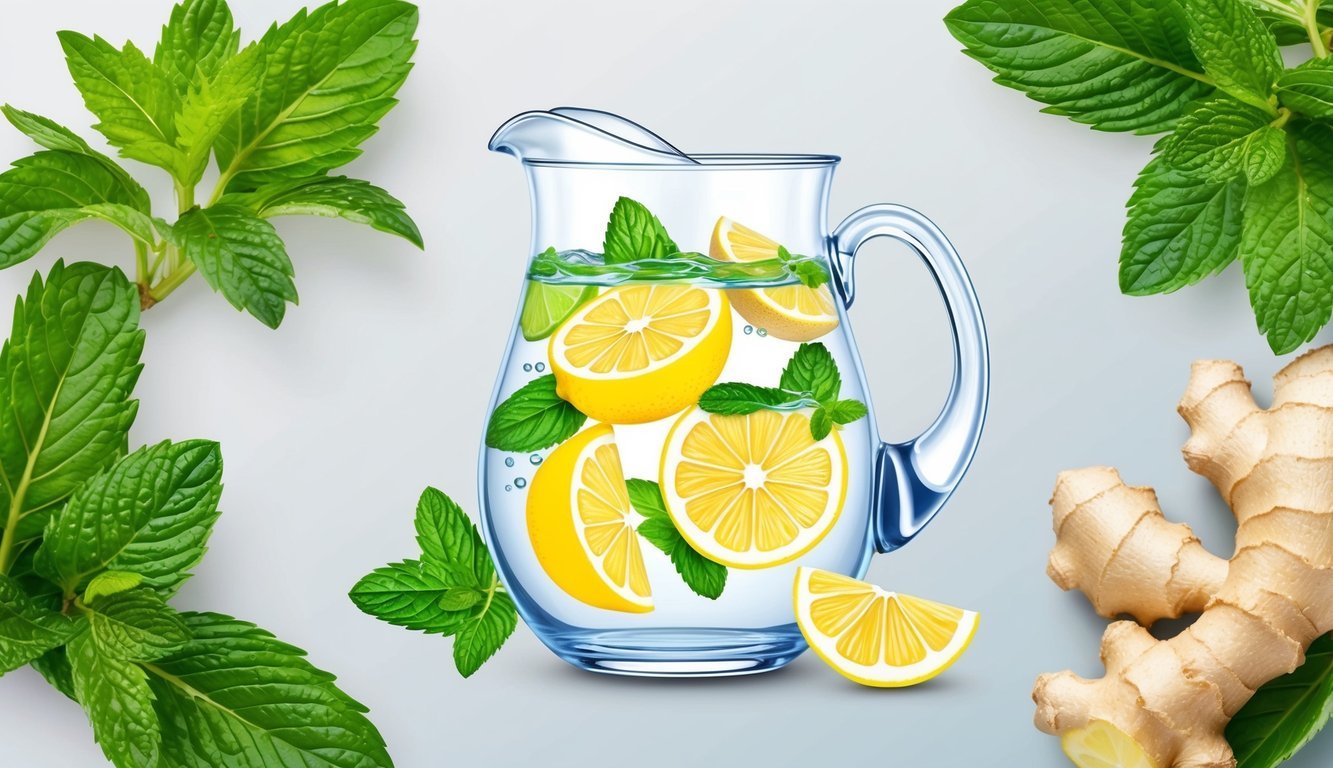 A glass pitcher filled with lemon slices and water, surrounded by fresh mint leaves and ginger root