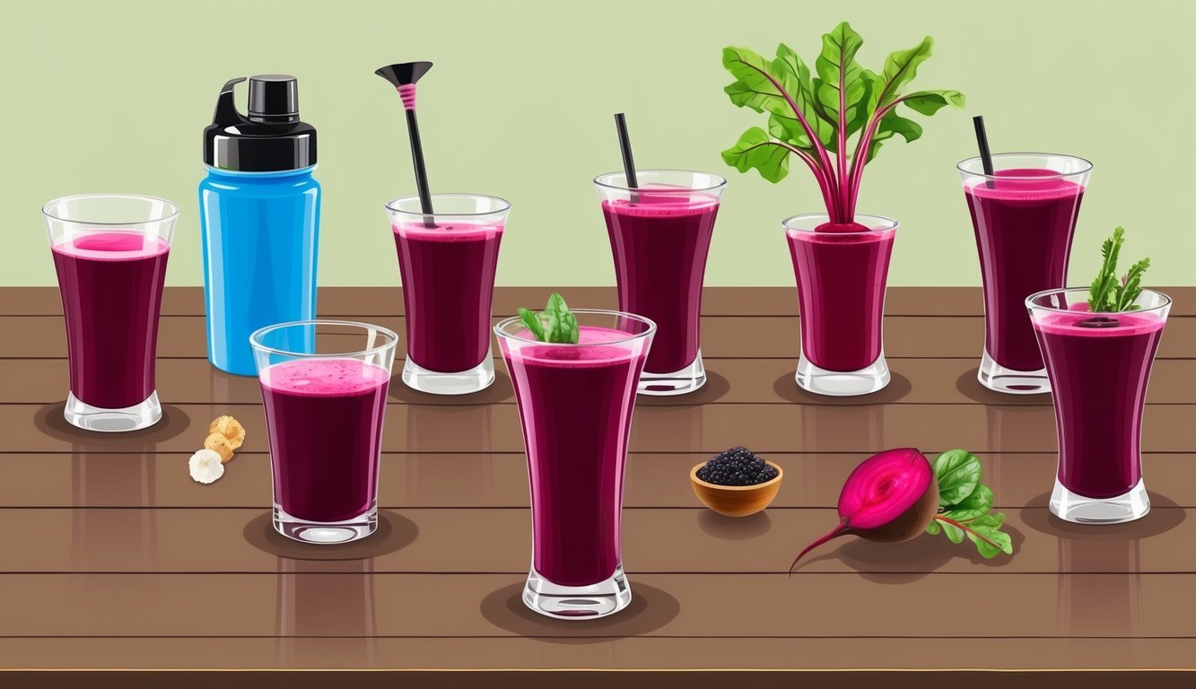 A table with seven different glasses filled with vibrant beetroot juice, each glass accompanied by a unique ingredient or accessory to enhance physical stamina and performance