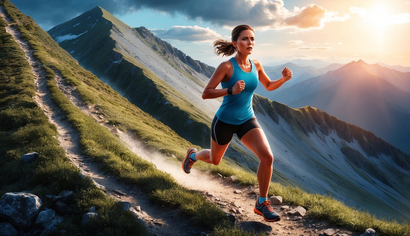 A runner conquering a steep mountain trail, with sweat glistening under the sun and a determined expression on their face