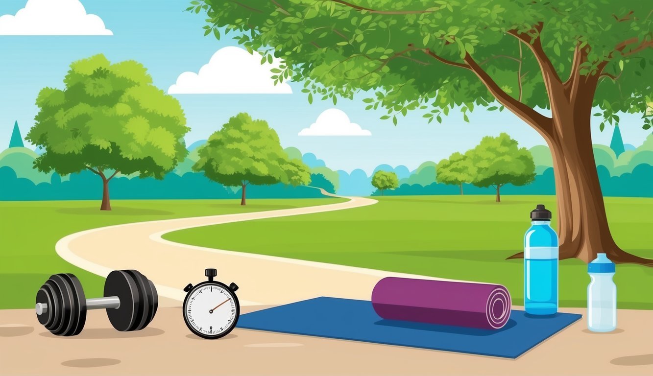 A serene park with a winding trail, a yoga mat under a shady tree, a set of weights, a water bottle, and a stopwatch on the ground