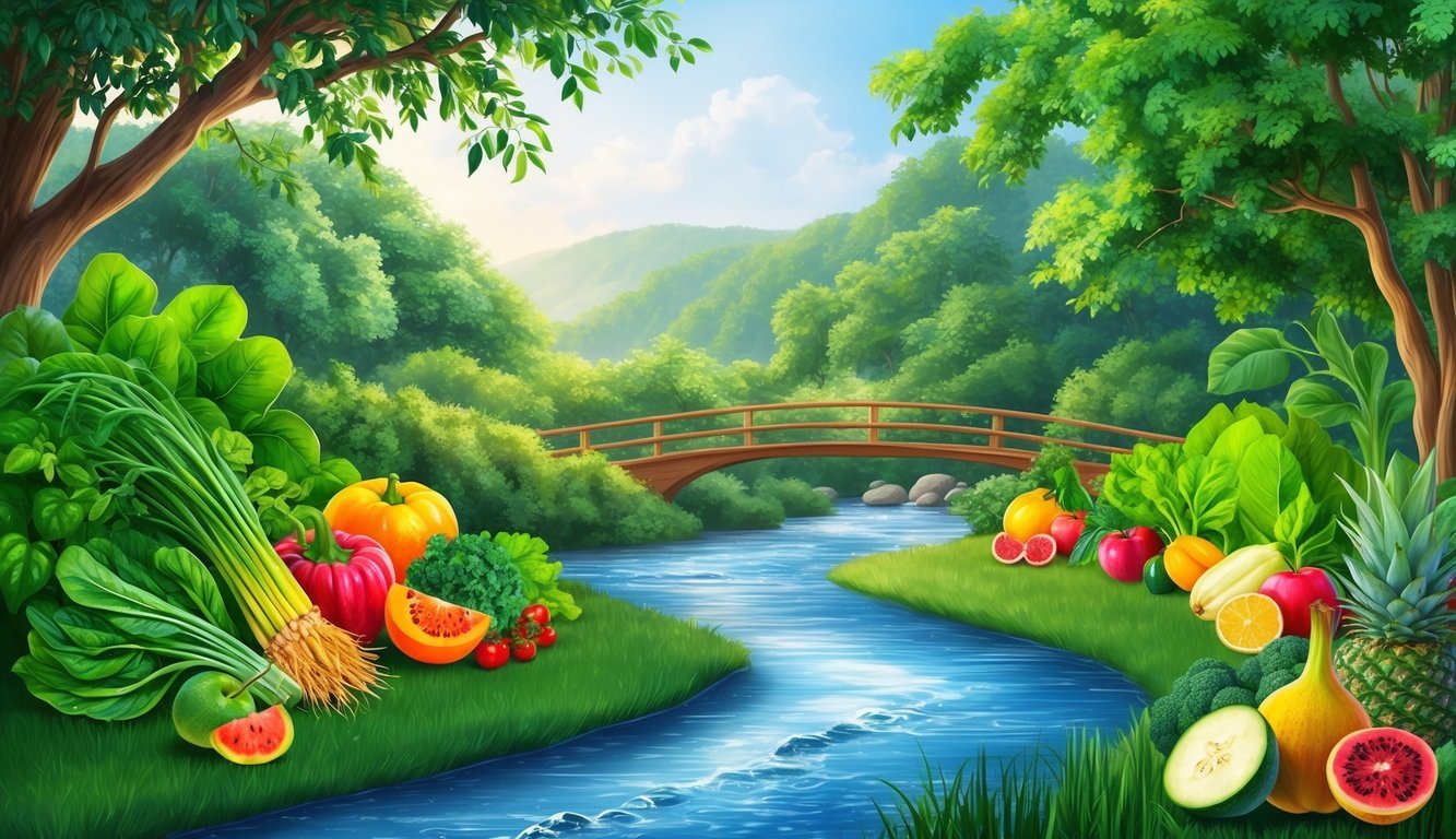 A serene, natural setting with a flowing river, lush greenery, and vibrant, detoxifying fruits and vegetables growing in the background