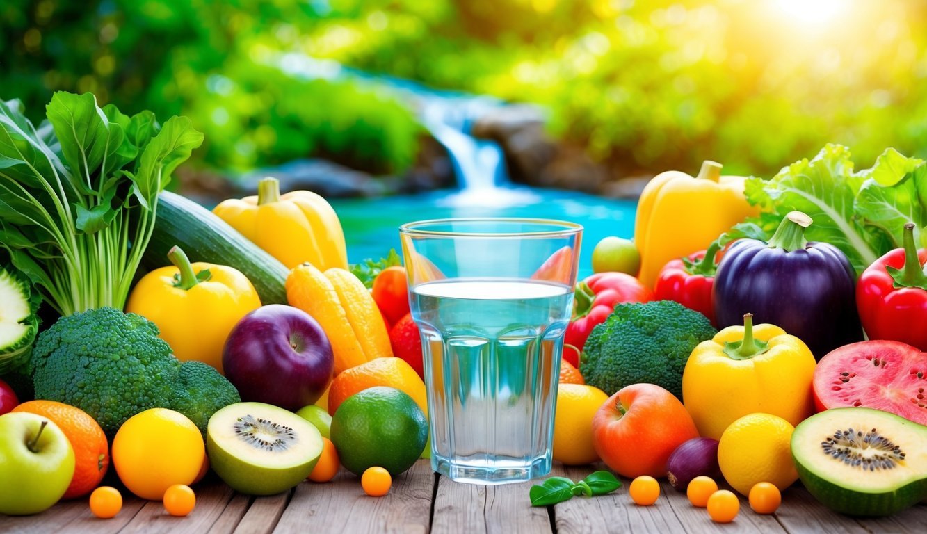 A vibrant scene of fresh fruits and vegetables arranged around a glass of water, with a clear stream flowing in the background, symbolizing the benefits of a healthy liver and kidneys