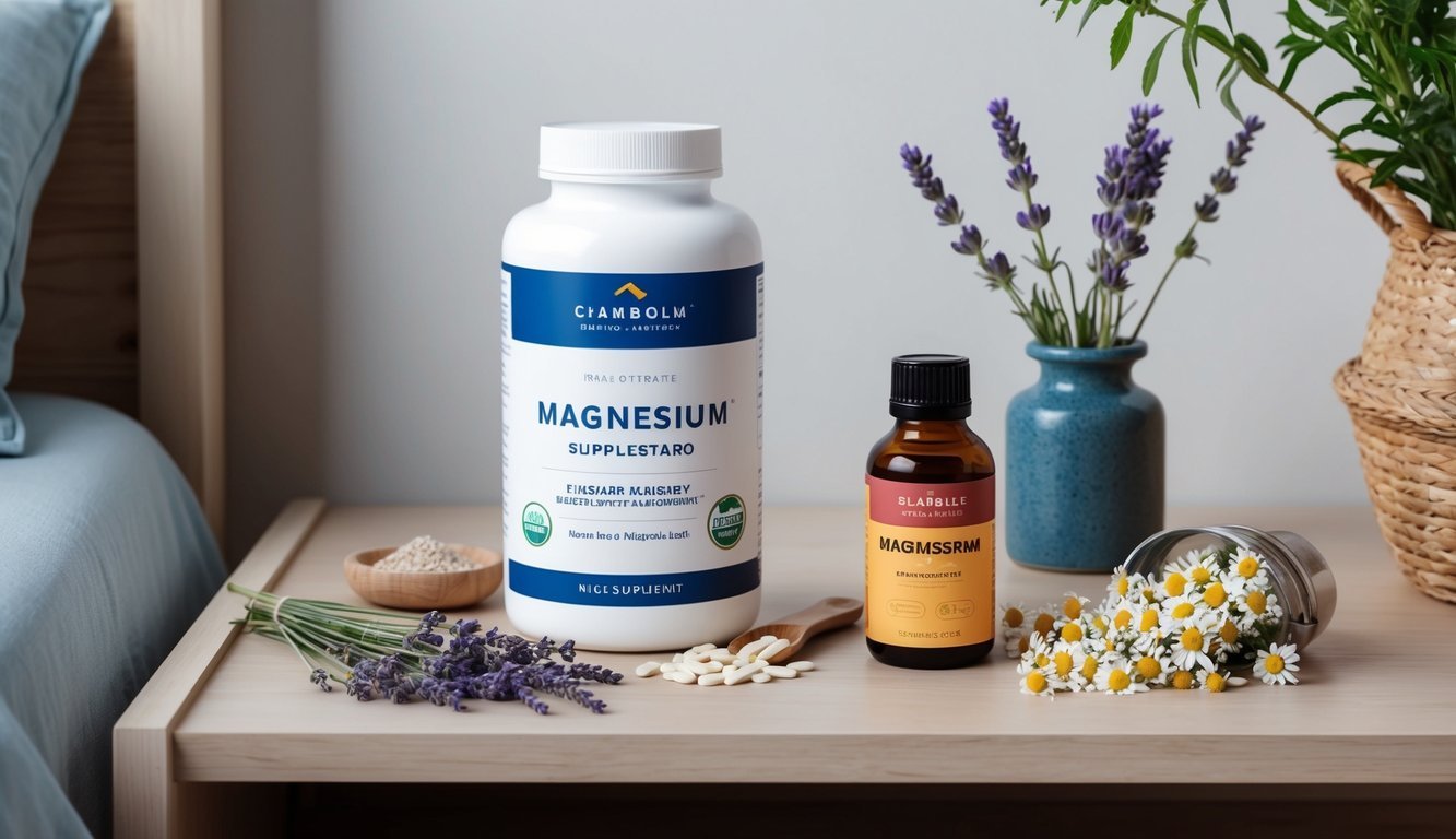 A serene bedroom nightstand with a bottle of magnesium supplement surrounded by natural remedies like lavender and chamomile