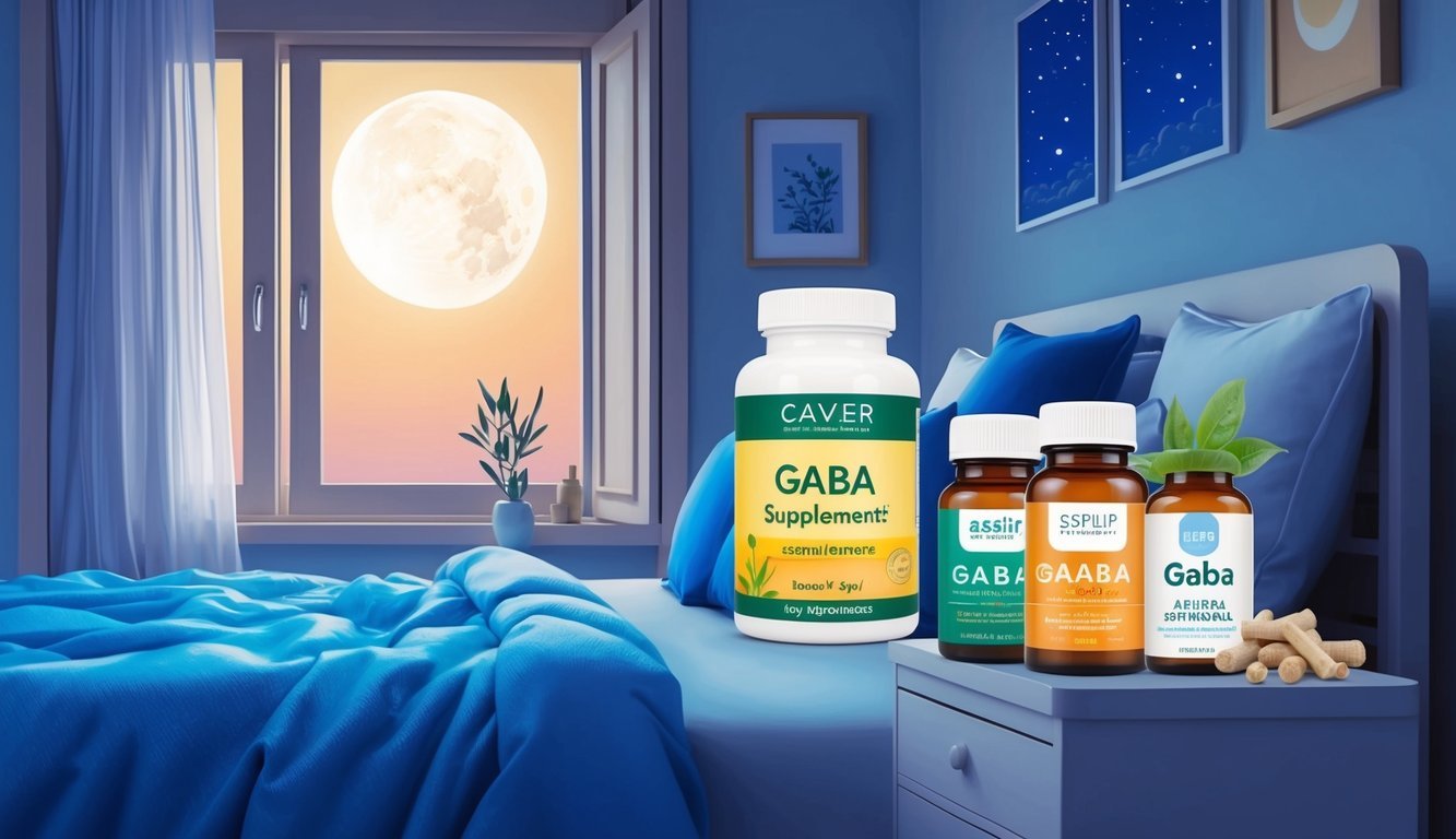 A peaceful bedroom with a moonlit window, a cozy bed, and a nightstand with a bottle of GABA supplements and various natural remedies for sleep improvement