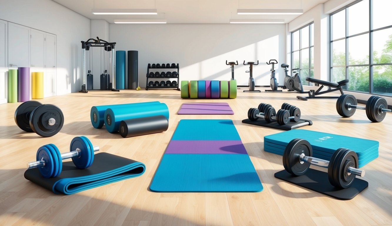 A collection of exercise equipment arranged in a bright, spacious gym filled with natural light.</p><p>The equipment includes dumbbells, resistance bands, and yoga mats