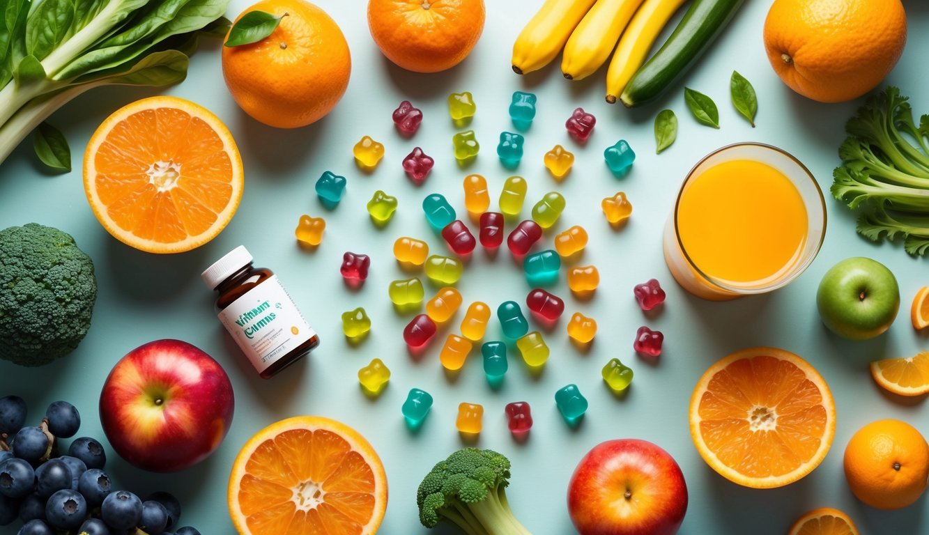 A colorful array of vitamin C gummies surrounded by various fruits and vegetables, a glass of orange juice, and a bottle of supplements