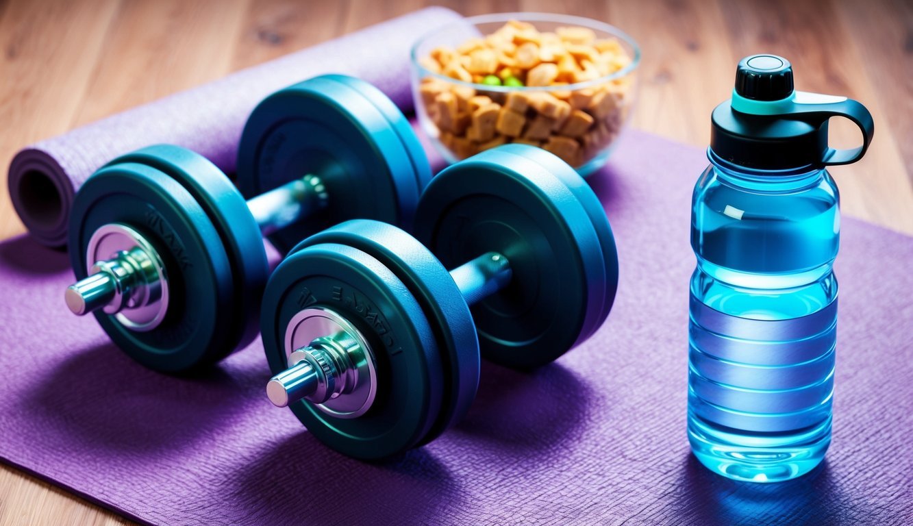 A water bottle next to a set of weights and a yoga mat, with a healthy snack in the background