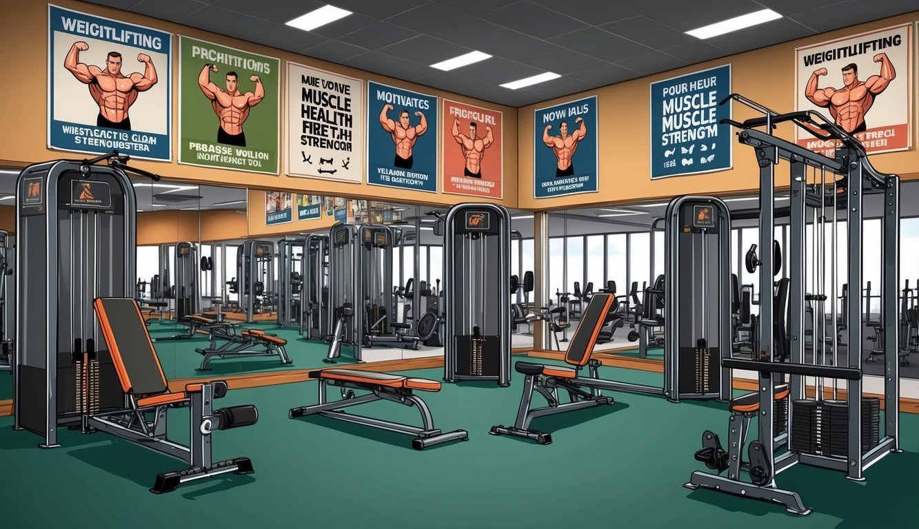 A weightlifting gym with various exercise equipment and machines, surrounded by motivational posters and banners promoting muscle health and strength