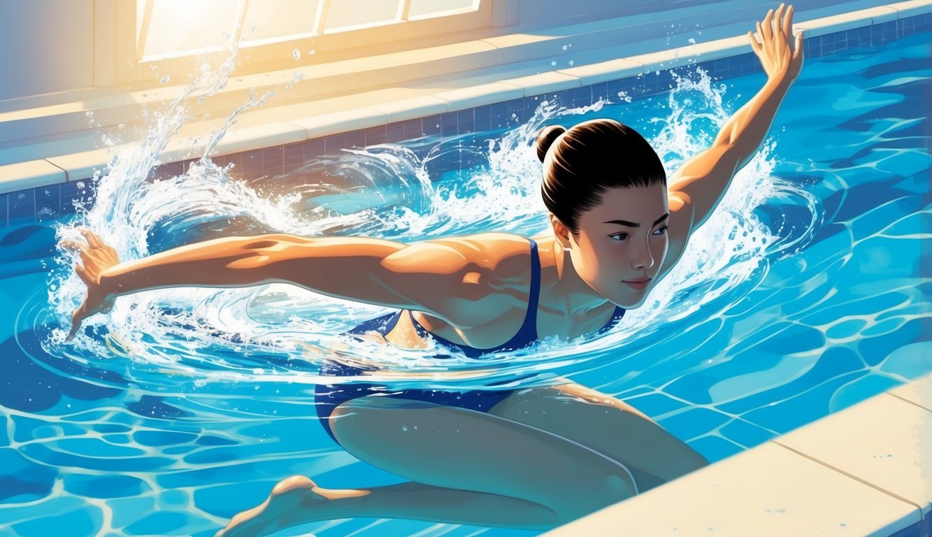 A person swimming in a pool, with strong, fluid movements, surrounded by clear, blue water and sunlight streaming in from above