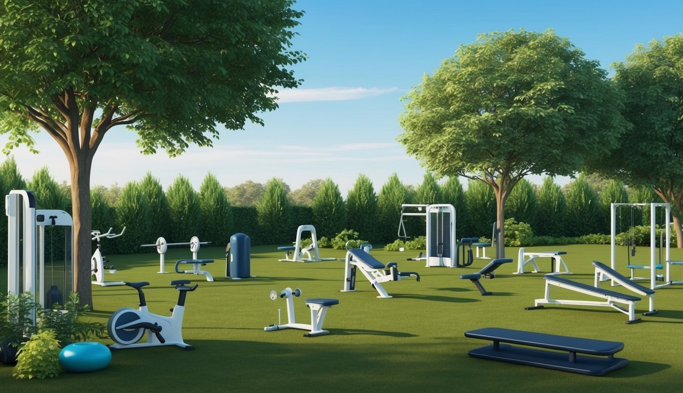 A serene, outdoor setting with various exercise equipment scattered around, surrounded by lush greenery and a clear blue sky