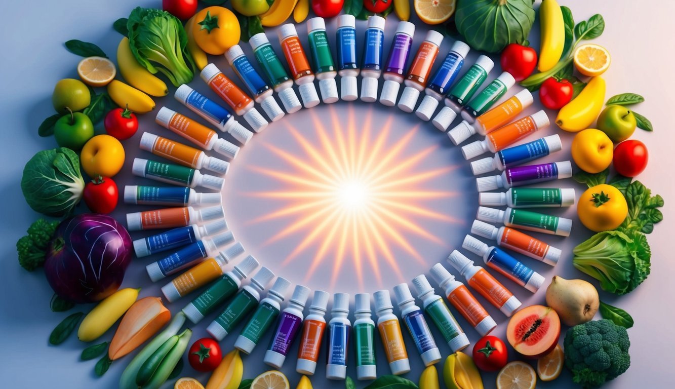 A colorful array of supplement bottles arranged in a circle, surrounded by vibrant fruits and vegetables, with a glowing aura emanating from the center