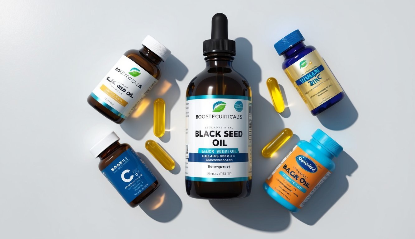 A bottle of BoostCeuticals Black Seed Oil surrounded by various immune-boosting supplements, such as vitamin C and zinc, on a clean white surface