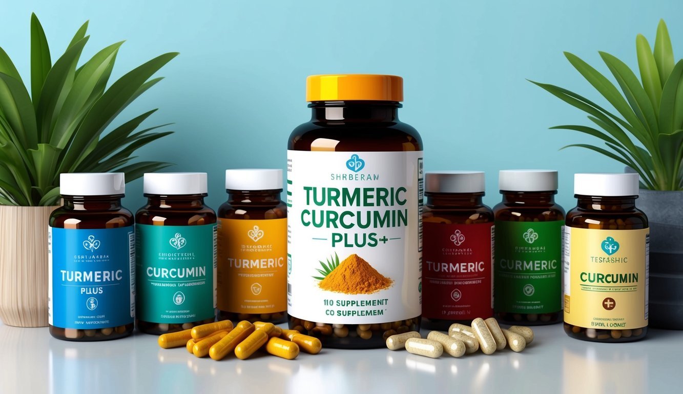 A colorful bottle of Turmeric Curcumin Plus surrounded by 10 different supplements in a clean, organized display