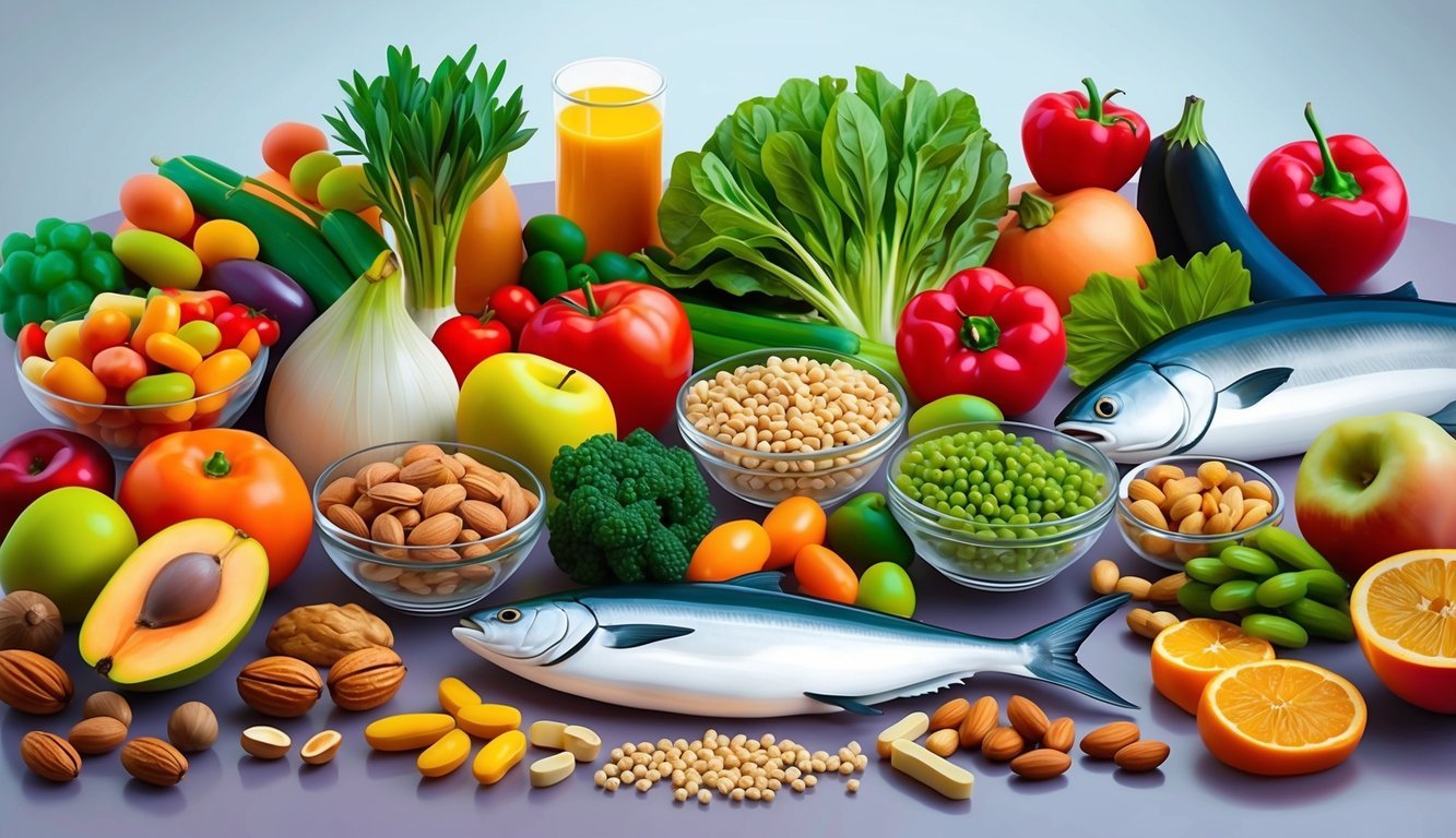 A colorful array of heart-healthy foods and supplements arranged on a table, including fruits, vegetables, nuts, fish, and vitamins