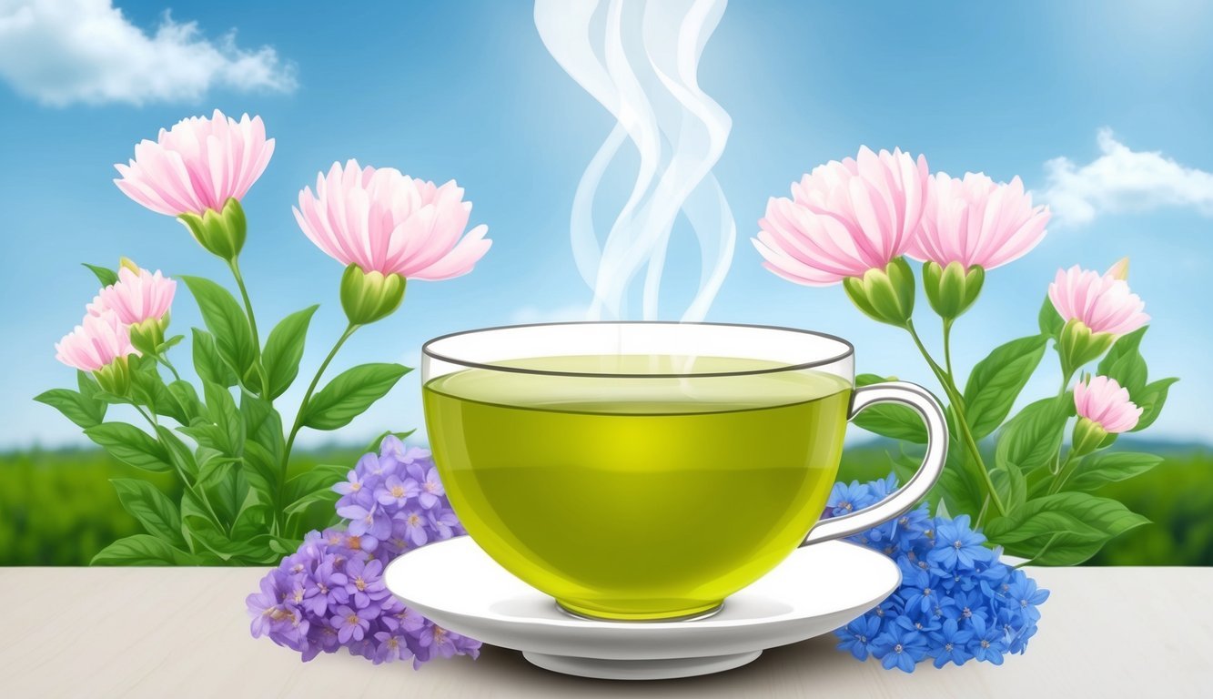 A serene setting with a steaming cup of green tea surrounded by blooming flowers and clear skies, evoking a sense of calm and relief from allergy symptoms