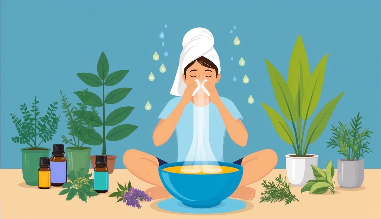 A person sits with a towel over their head, inhaling steam from a bowl of hot water with essential oils.</p><p>Surrounding the scene are various plants and natural remedies for allergies