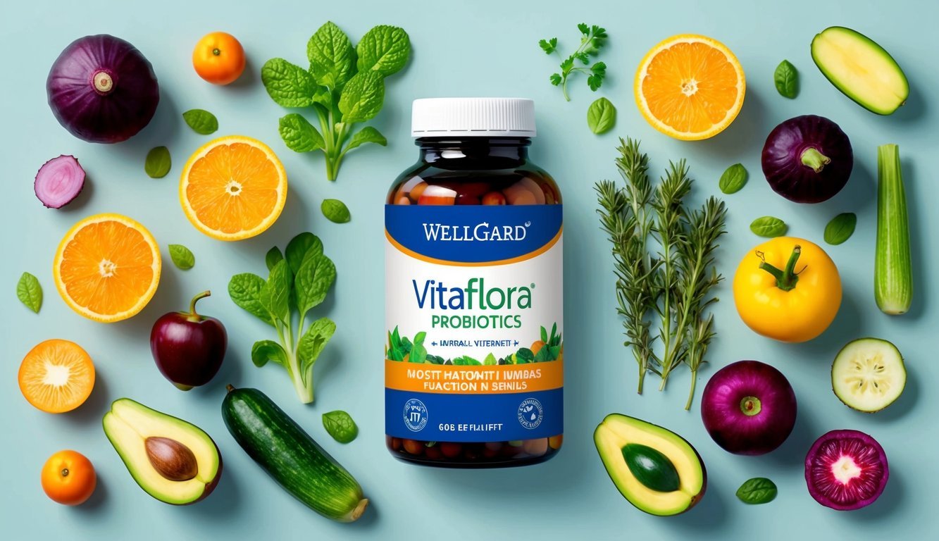 A colorful bottle of Wellgard Vitaflora Probiotics surrounded by various fruits and vegetables, symbolizing the natural ingredients that can boost immune function in seniors