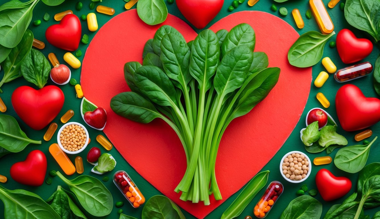 A vibrant bunch of spinach leaves surrounded by heart-shaped supplements and healthy foods, symbolizing support for heart health