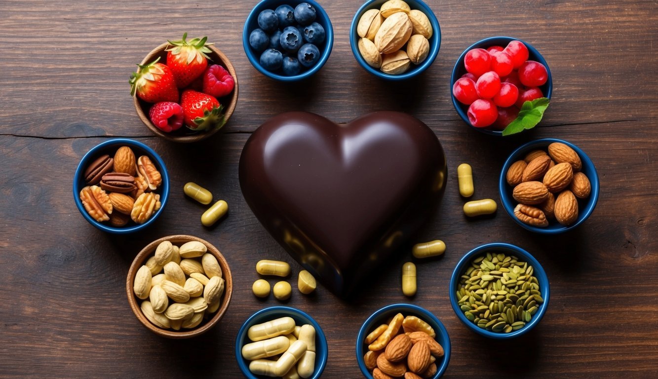 A heart-shaped dark chocolate surrounded by 10 heart-healthy foods and supplements, such as berries, nuts, and omega-3 capsules, arranged on a wooden table