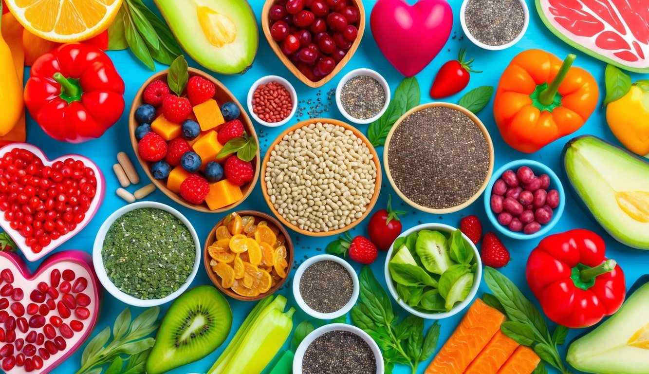 A colorful array of heart-healthy foods and supplements, including chia seeds, arranged on a table with vibrant background