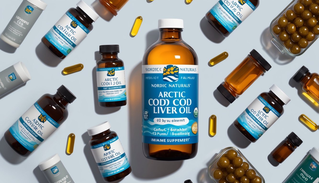 A bottle of Nordic Naturals Arctic Cod Liver Oil surrounded by various supplements, with a focus on immune-boosting products