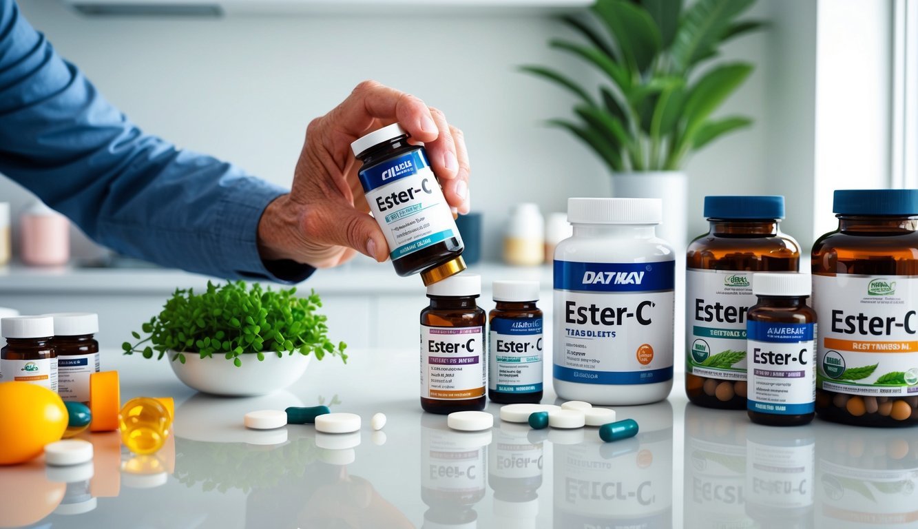 A senior hand reaching for a bottle of Ester-C tablets surrounded by various other supplement bottles on a clean, organized countertop