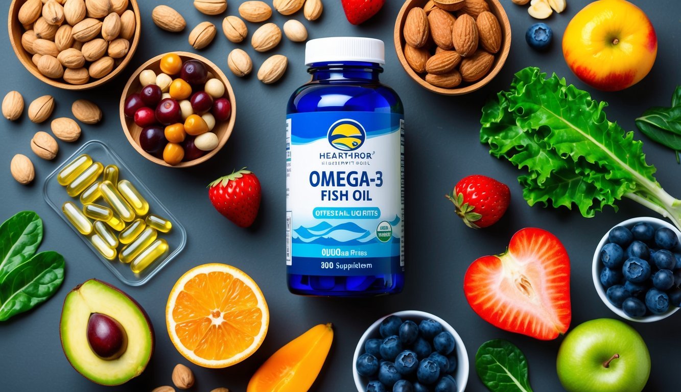 A bottle of omega-3 fish oil supplements surrounded by a variety of heart-healthy foods and supplements, such as nuts, berries, and leafy greens, arranged on a table