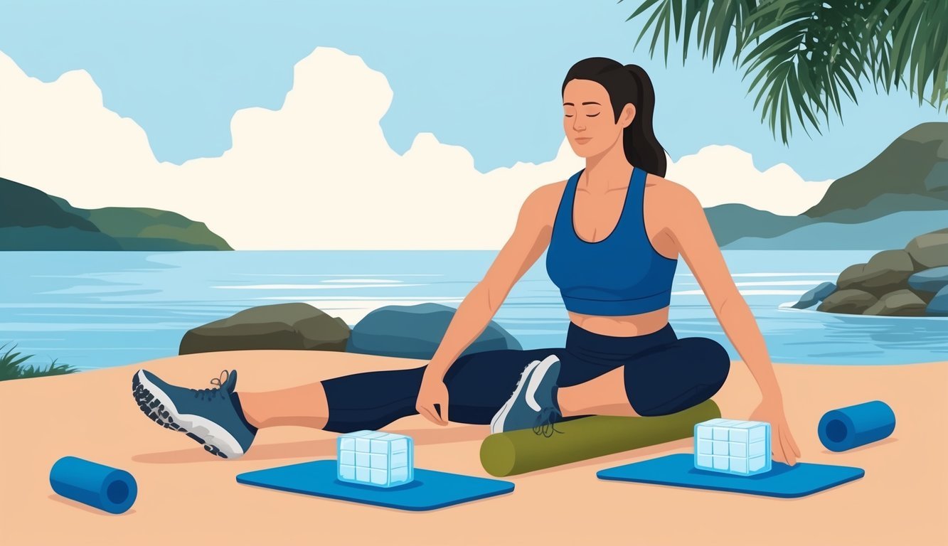 A serene setting with a person stretching, foam rolling, and applying ice packs to reduce muscle soreness after intense exercise