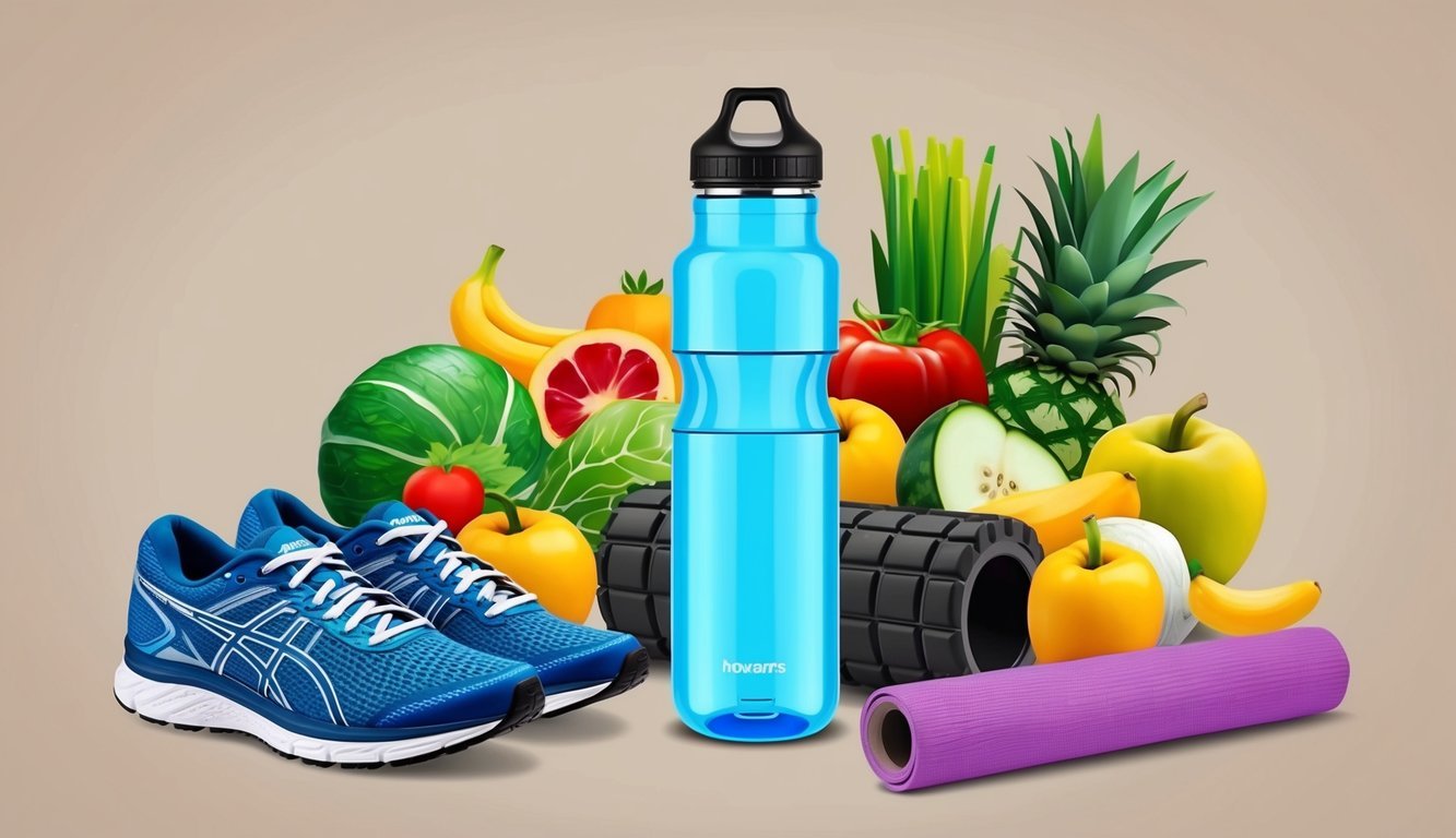 A water bottle surrounded by various fruits and vegetables, a foam roller, a yoga mat, and a pair of running shoes