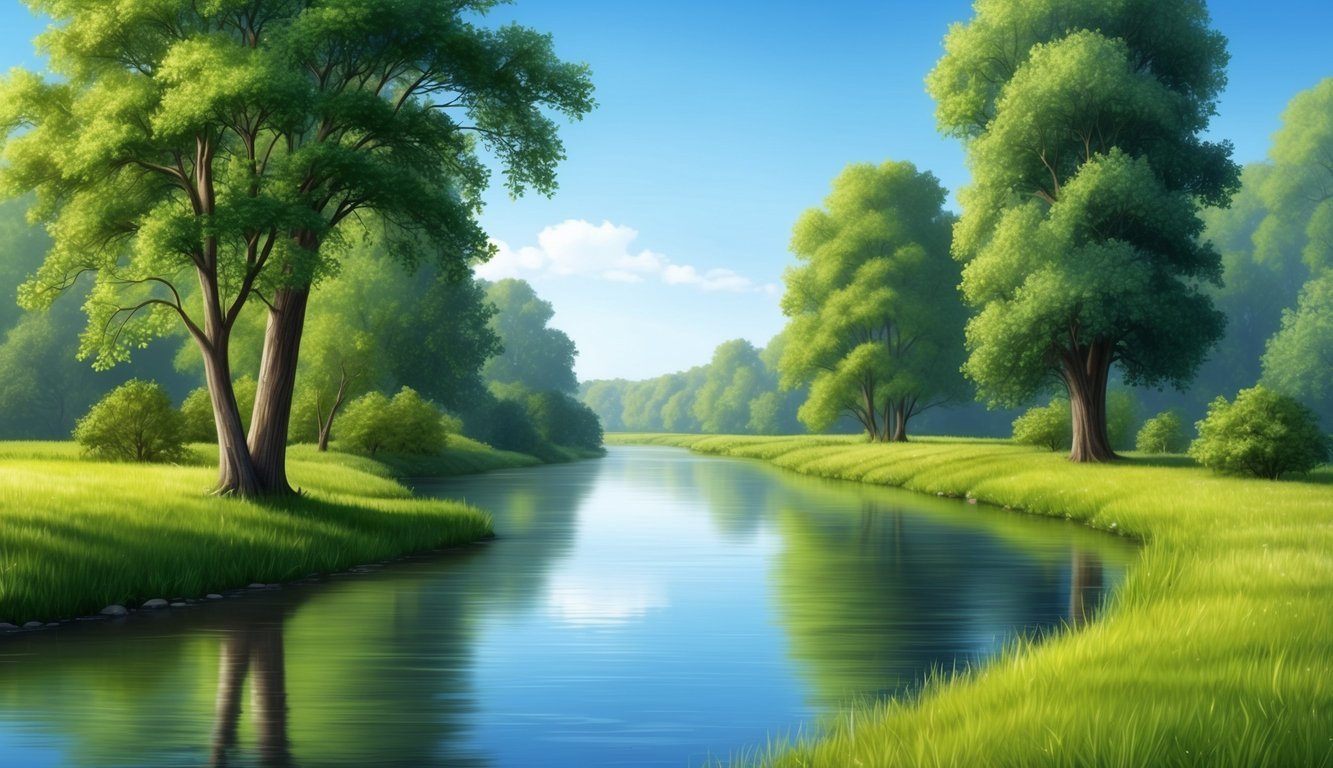 A serene nature scene with a calm river, lush green trees, and a clear blue sky, conveying peace and tranquility