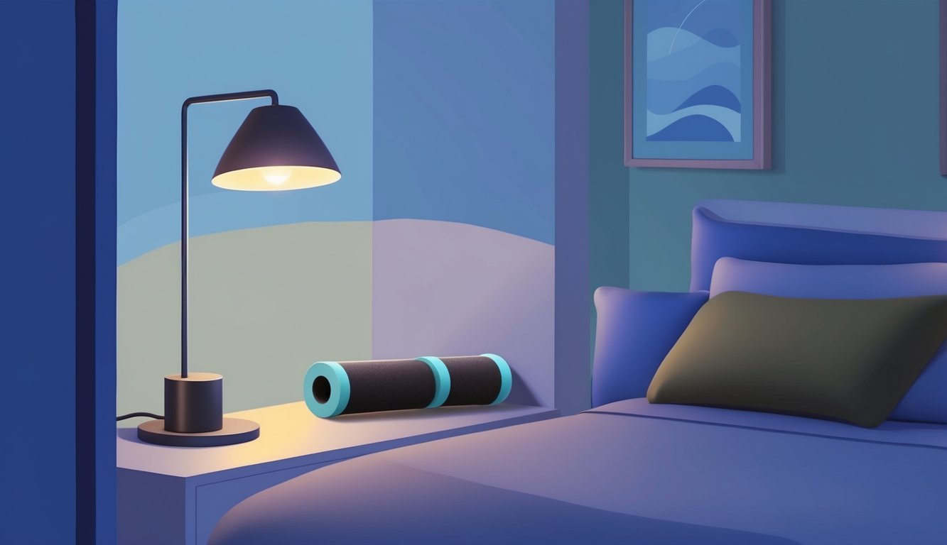 A serene bedroom with a dimly lit lamp, a cozy bed, and a soothing color palette.</p><p>A foam roller and yoga mat are neatly placed in the corner