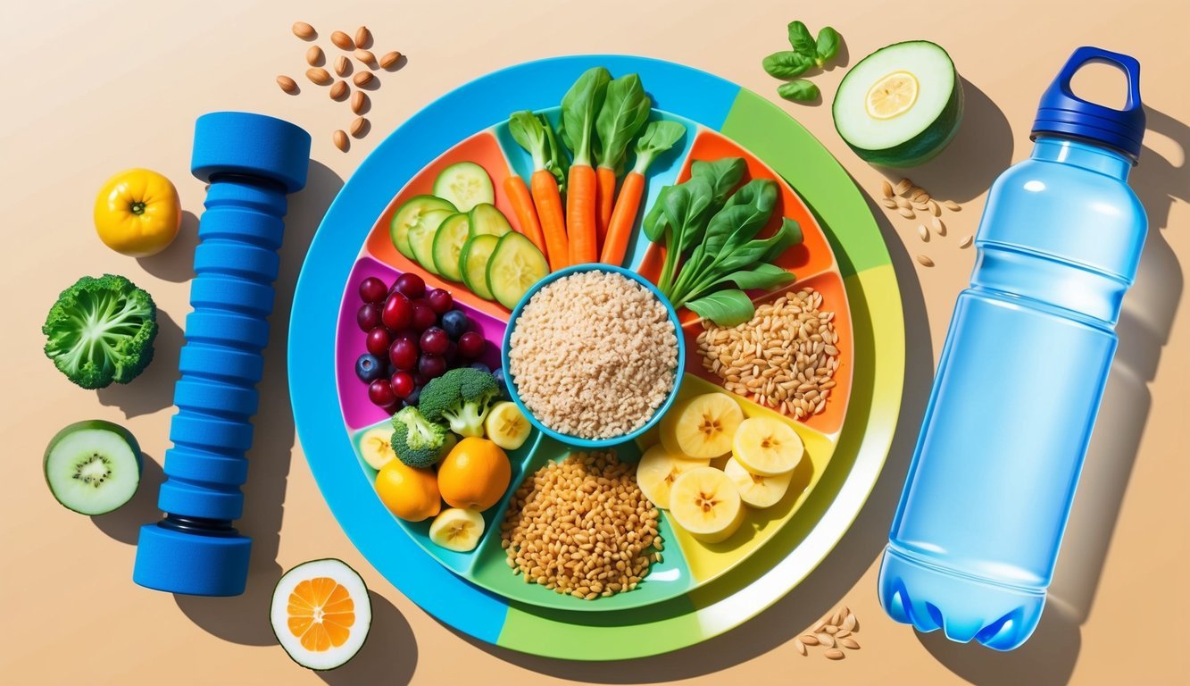 A colorful plate with a variety of fruits, vegetables, lean proteins, and whole grains, surrounded by a water bottle and a foam roller