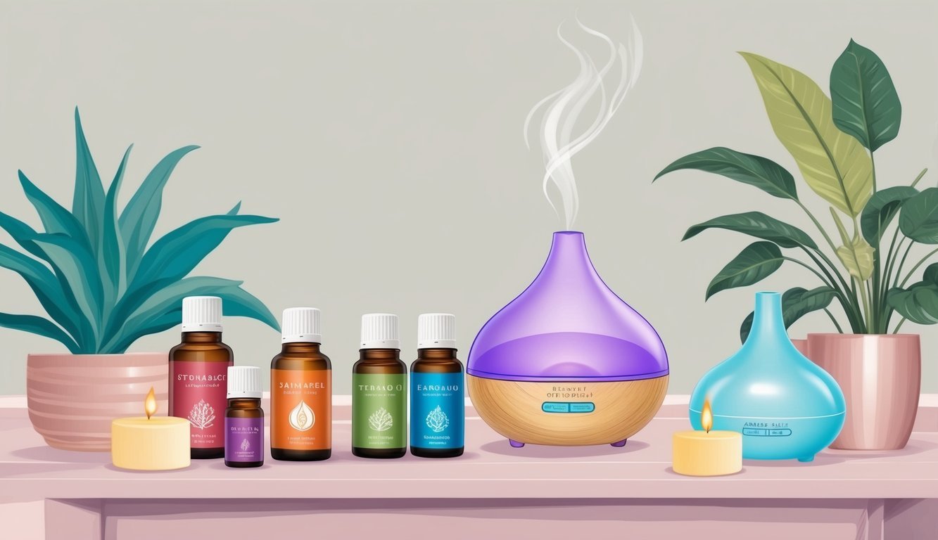 A tranquil scene with various essential oil bottles, diffusers, and calming elements like plants and candles