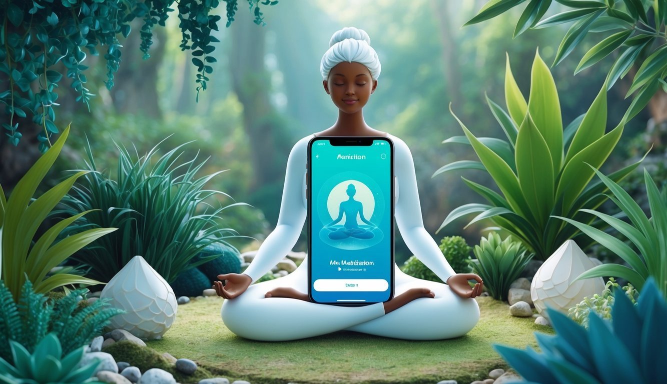 A serene figure surrounded by nature, with a smartphone displaying a meditation app, surrounded by calming elements like plants and a peaceful environment