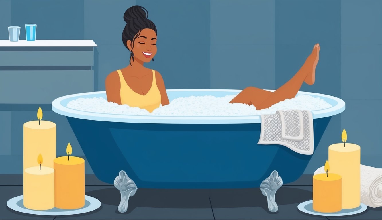 A person sitting in a bathtub filled with Epsom salt, surrounded by candles and a towel, with a relaxed expression on their face